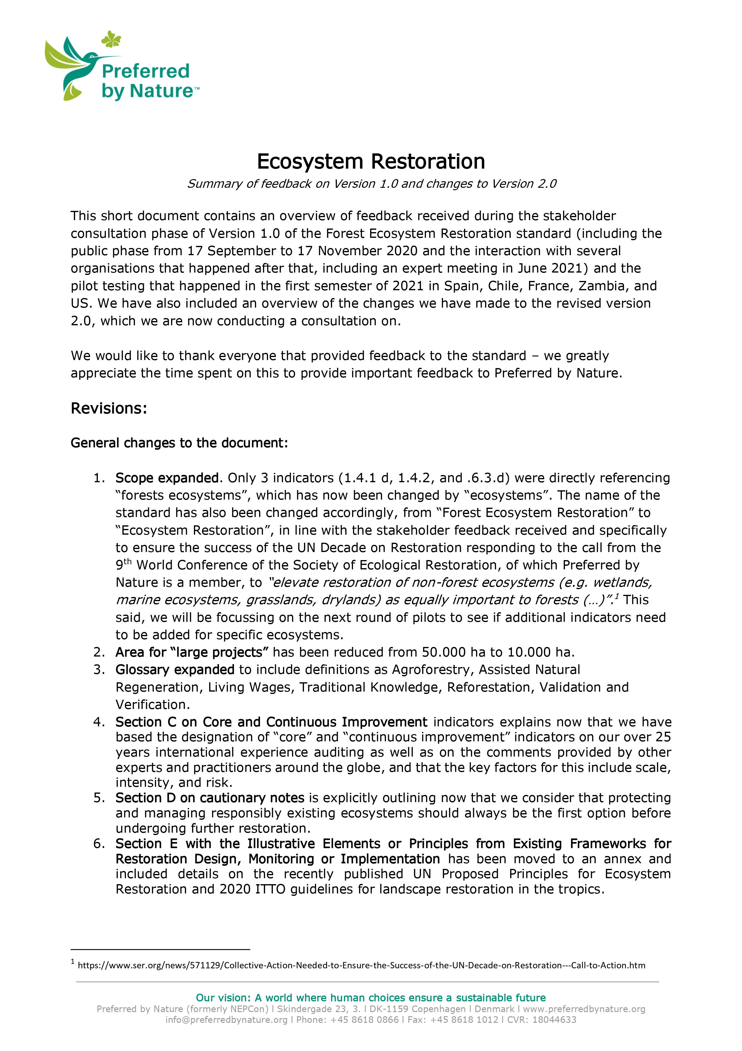 Summary of feedback on V1.0 of Forest Ecosystem Restoration Standard and changes to V2.0