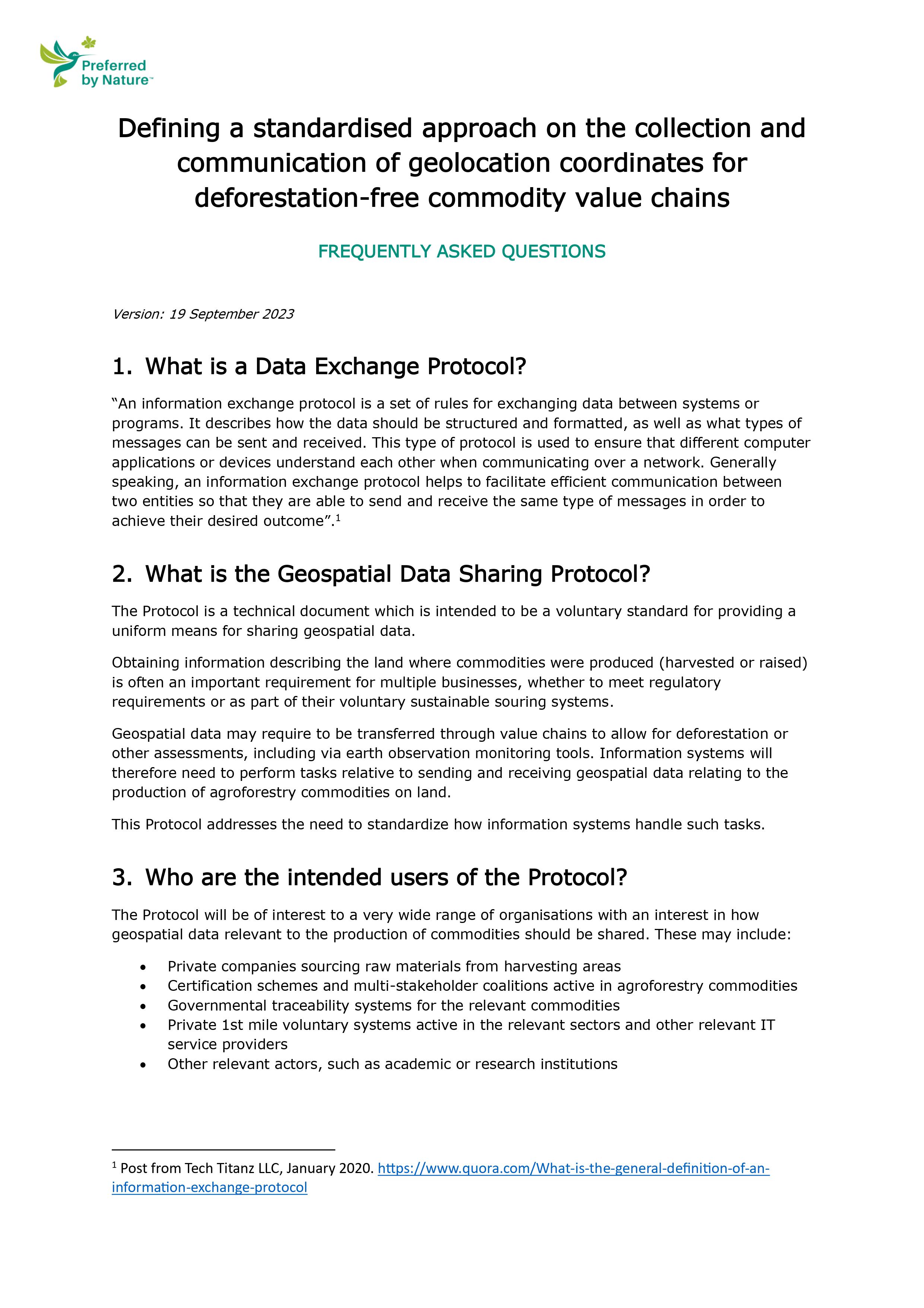 [FAQ] Defining a standardised approach on the collection and  communication of geolocation coordinates for  deforestation-free commodity value chains 