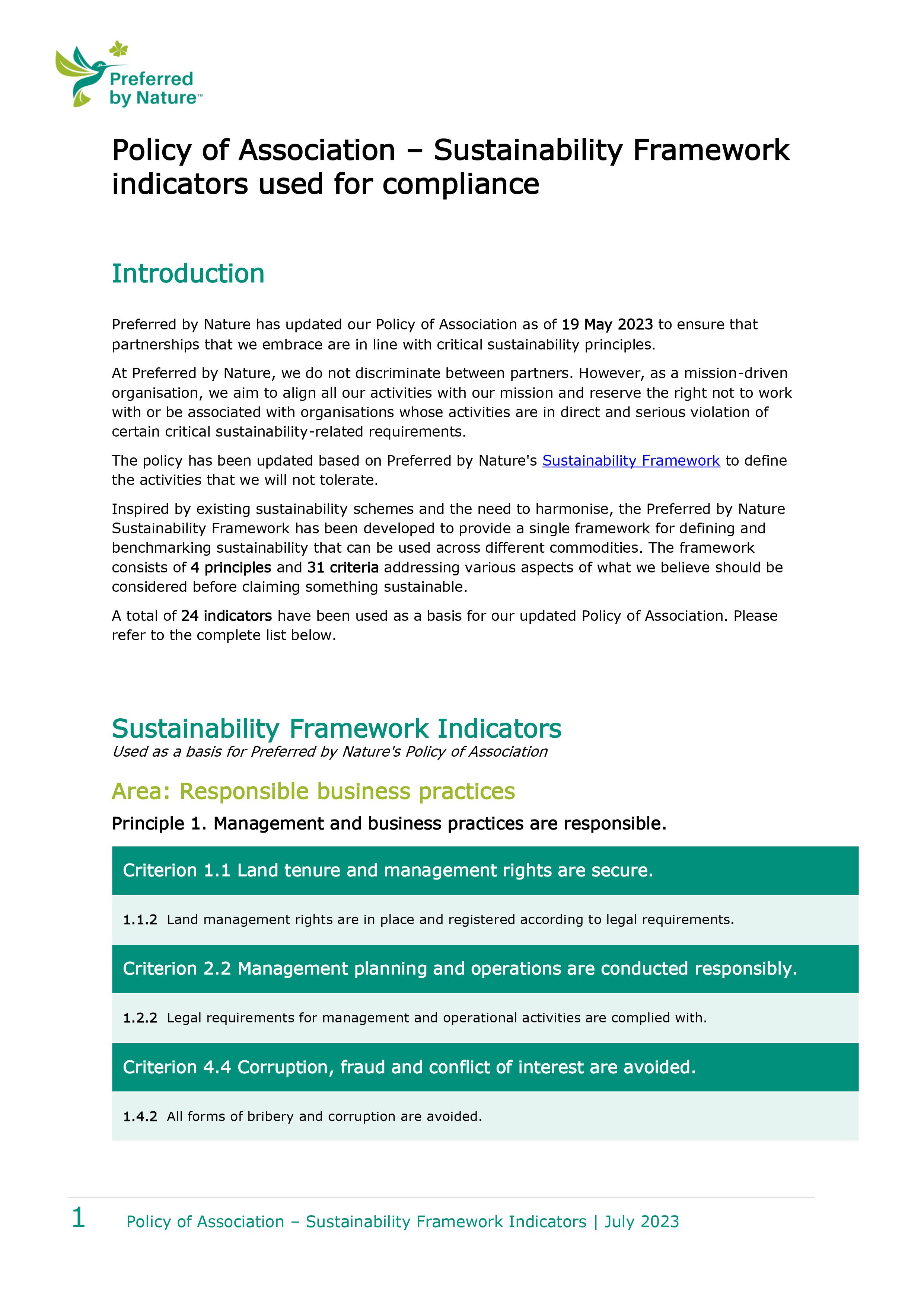 Policy of Association – Sustainability Framework  indicators used for compliance