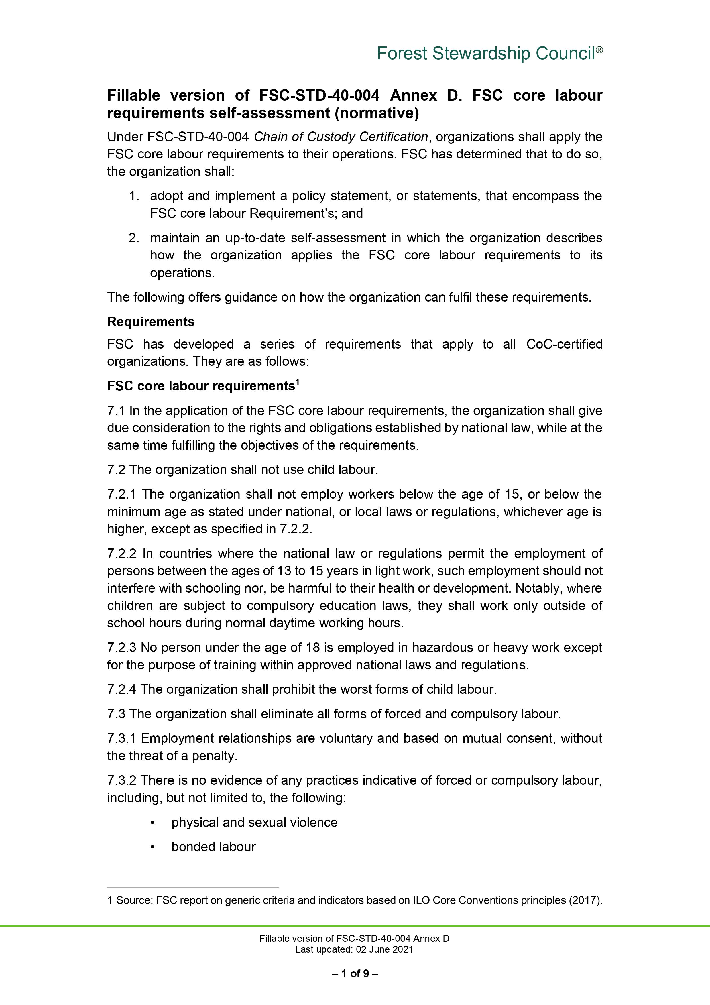 FSC darba pamatprasības - pašnovērtējuma forma 