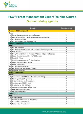 FSC Forest Management Expert Training Course - Online training agenda