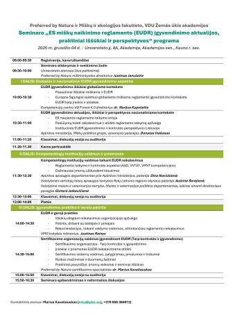 Darbotvarkė - „ES miškų naikinimo reglamento (EUDR) įgyvendinimo aktualijos, iššūkiai ir perspektyvos“